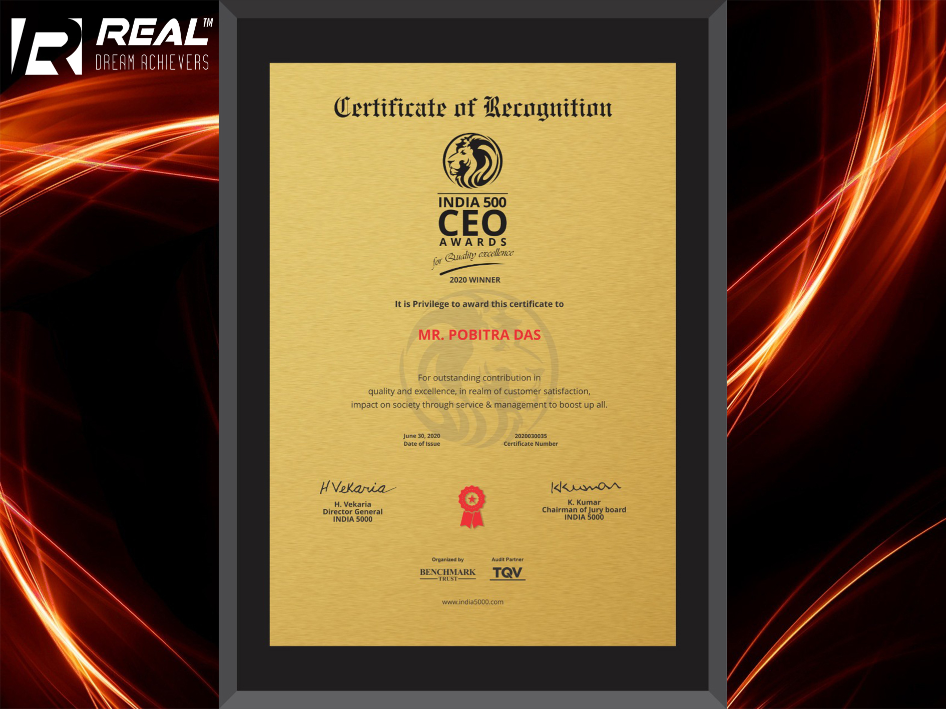 India 500 CEO Awards 2020 Certificate